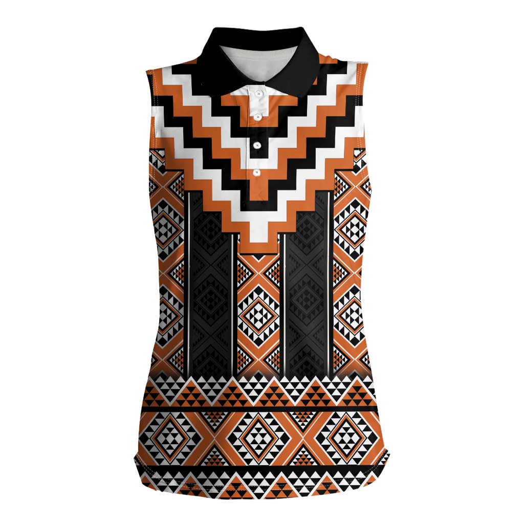 Orange Taniko Pattern Aotearoa Women Sleeveless Polo Shirt Niho Taniwha Mix Poutama LT14 Female Orange - Polynesian Pride