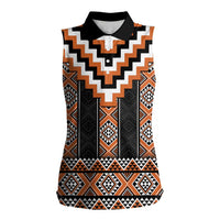Orange Taniko Pattern Aotearoa Women Sleeveless Polo Shirt Niho Taniwha Mix Poutama LT14 Female Orange - Polynesian Pride