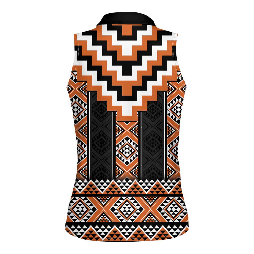 Orange Taniko Pattern Aotearoa Women Sleeveless Polo Shirt Niho Taniwha Mix Poutama LT14 - Polynesian Pride