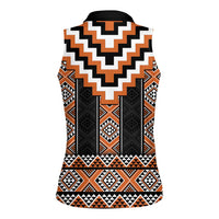 Orange Taniko Pattern Aotearoa Women Sleeveless Polo Shirt Niho Taniwha Mix Poutama LT14 - Polynesian Pride