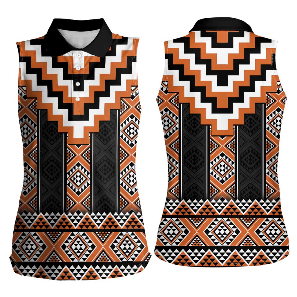 Orange Taniko Pattern Aotearoa Women Sleeveless Polo Shirt Niho Taniwha Mix Poutama LT14 - Polynesian Pride