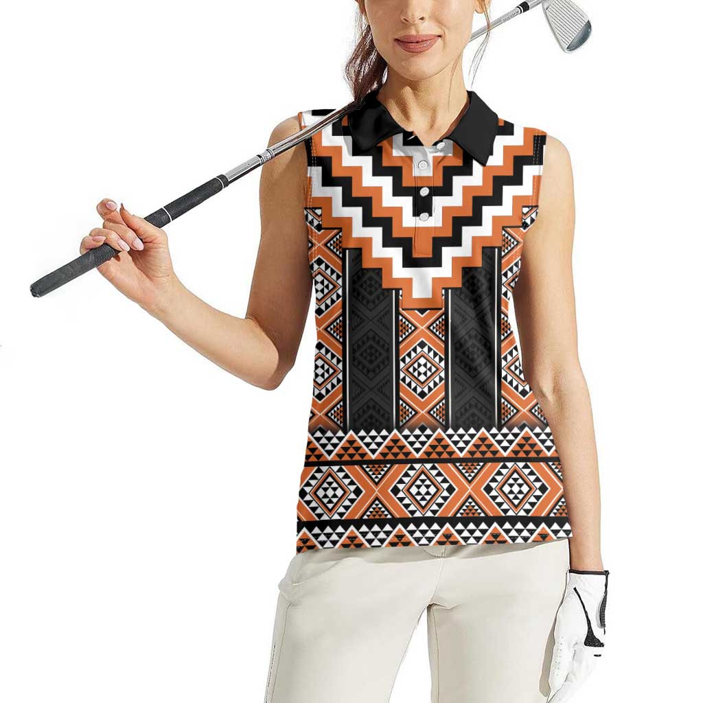Orange Taniko Pattern Aotearoa Women Sleeveless Polo Shirt Niho Taniwha Mix Poutama LT14 - Polynesian Pride
