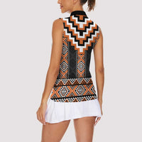 Orange Taniko Pattern Aotearoa Women Sleeveless Polo Shirt Niho Taniwha Mix Poutama LT14 - Polynesian Pride