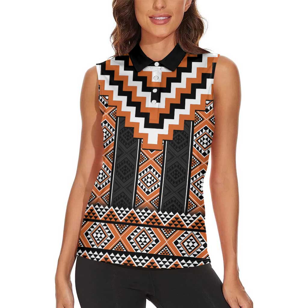Orange Taniko Pattern Aotearoa Women Sleeveless Polo Shirt Niho Taniwha Mix Poutama LT14 - Polynesian Pride