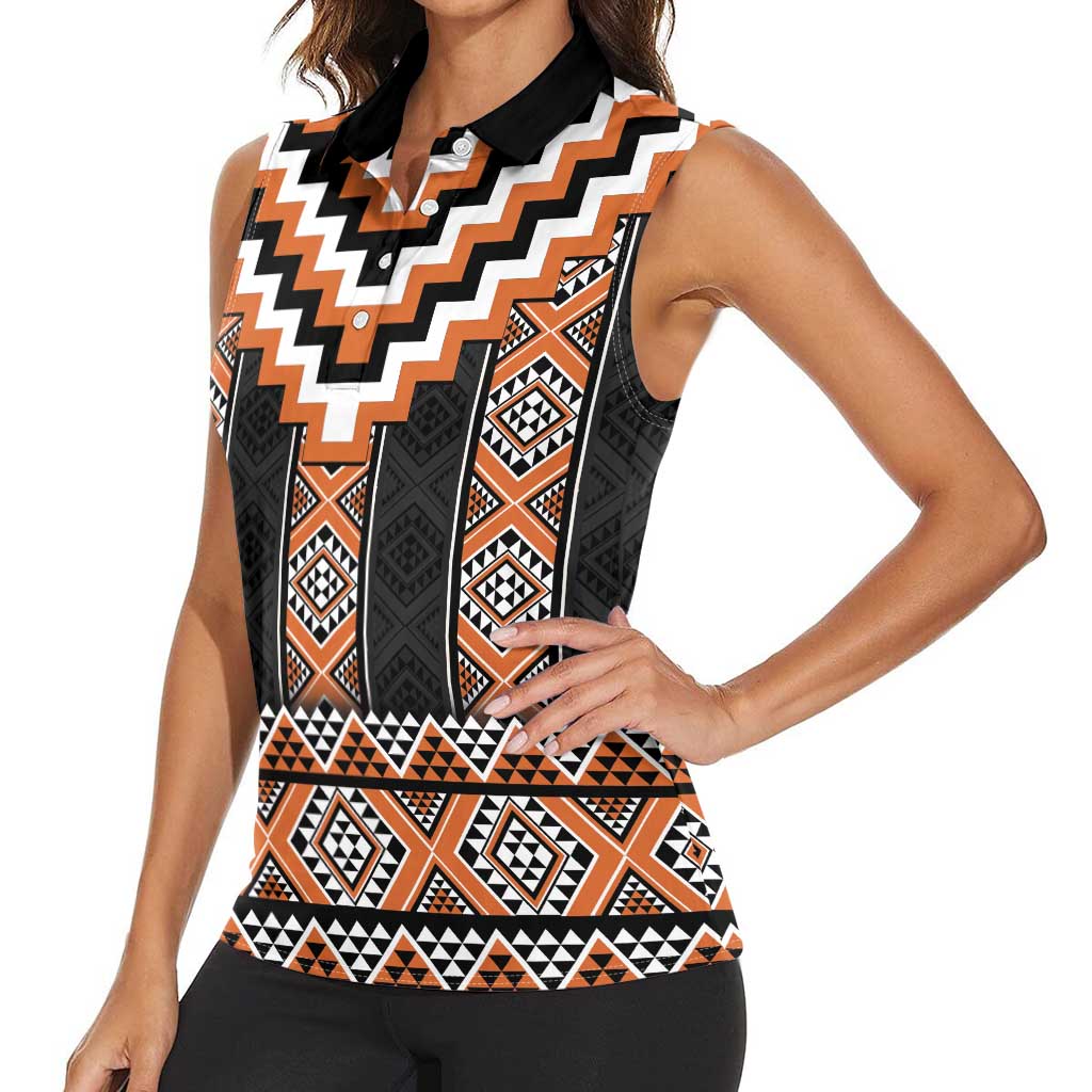 Orange Taniko Pattern Aotearoa Women Sleeveless Polo Shirt Niho Taniwha Mix Poutama LT14 - Polynesian Pride