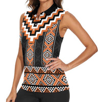Orange Taniko Pattern Aotearoa Women Sleeveless Polo Shirt Niho Taniwha Mix Poutama LT14 - Polynesian Pride
