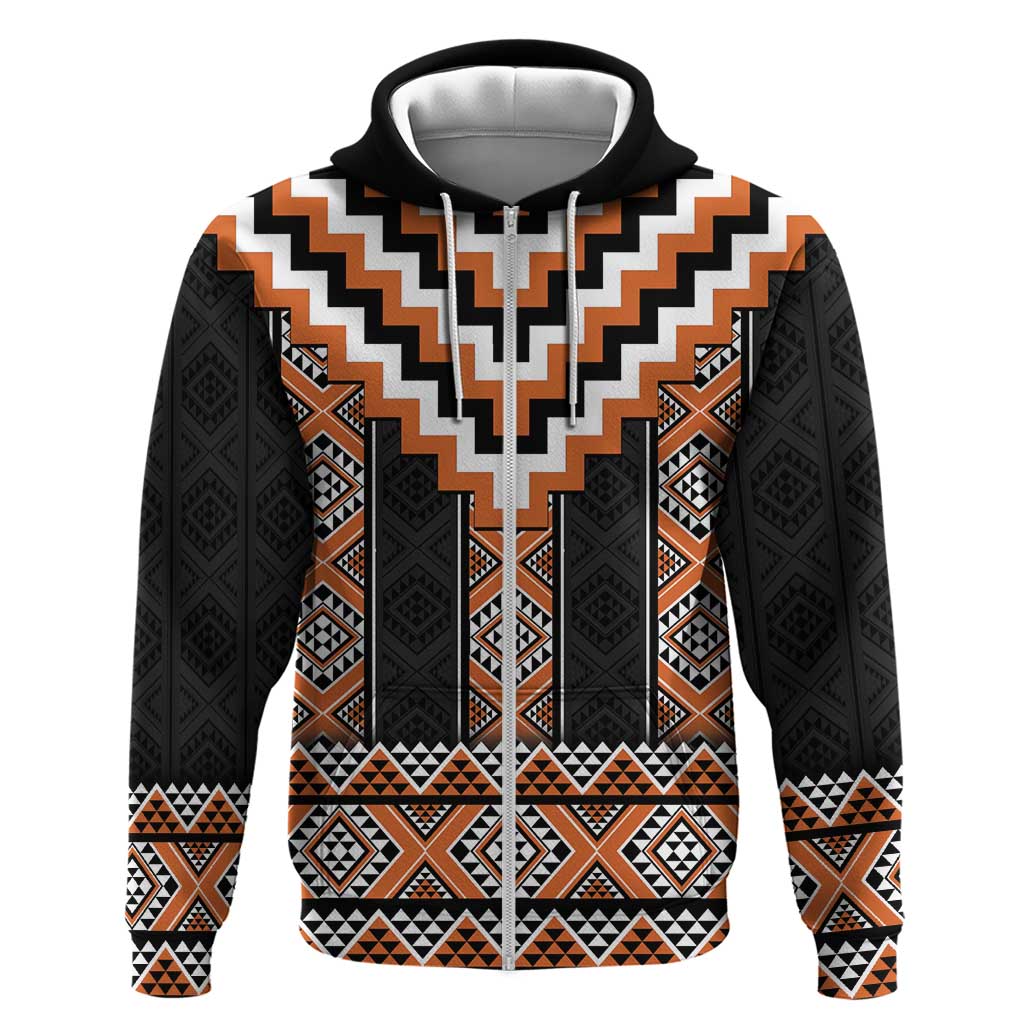 Orange Taniko Pattern Aotearoa Zip Hoodie Niho Taniwha Mix Poutama LT14