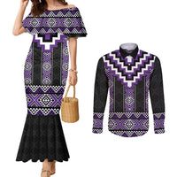 Purple Taniko Pattern Aotearoa Couples Matching Mermaid Dress and Long Sleeve Button Shirt Niho Taniwha Mix Poutama LT14 Purple - Polynesian Pride