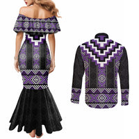 Purple Taniko Pattern Aotearoa Couples Matching Mermaid Dress and Long Sleeve Button Shirt Niho Taniwha Mix Poutama LT14 - Polynesian Pride