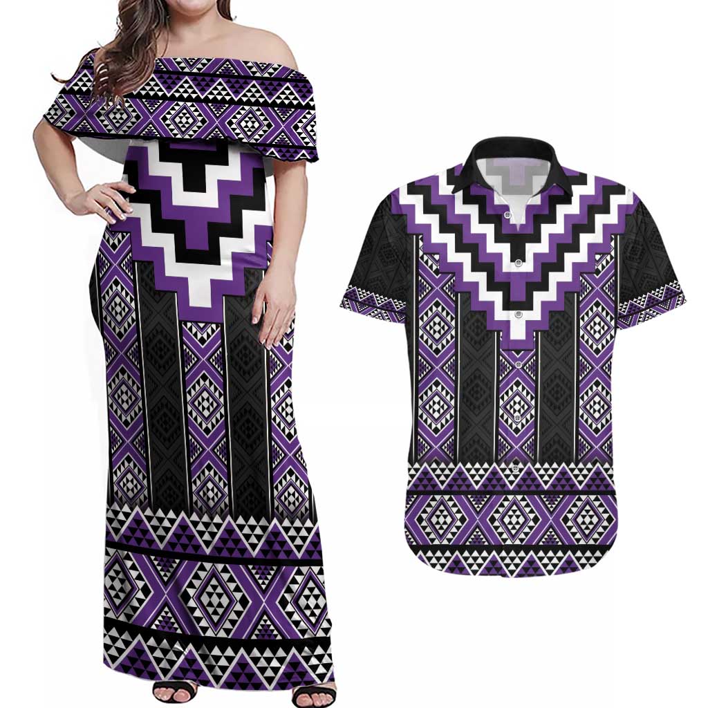 Purple Taniko Pattern Aotearoa Couples Matching Off Shoulder Maxi Dress and Hawaiian Shirt Niho Taniwha Mix Poutama LT14