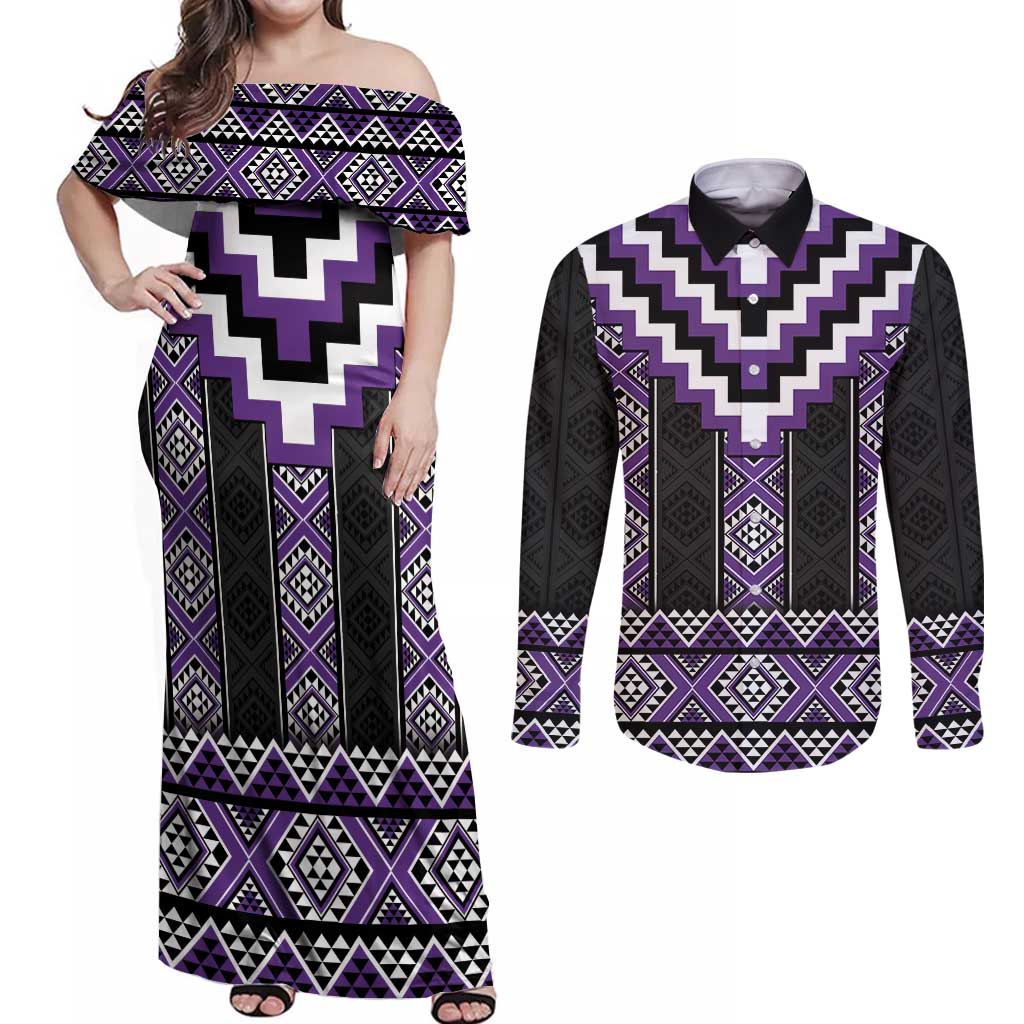 Purple Taniko Pattern Aotearoa Couples Matching Off Shoulder Maxi Dress and Long Sleeve Button Shirt Niho Taniwha Mix Poutama LT14 Purple - Polynesian Pride