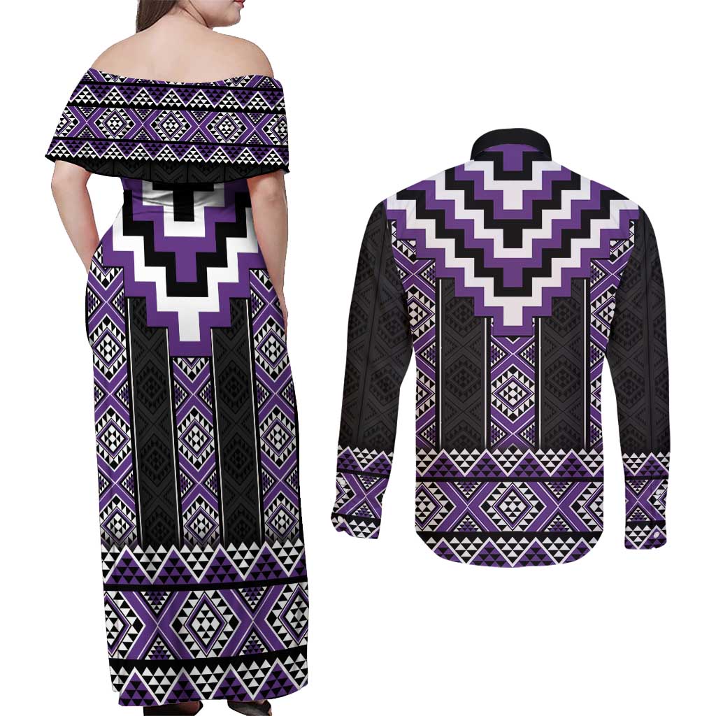 Purple Taniko Pattern Aotearoa Couples Matching Off Shoulder Maxi Dress and Long Sleeve Button Shirt Niho Taniwha Mix Poutama LT14 - Polynesian Pride