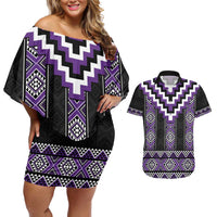 Purple Taniko Pattern Aotearoa Couples Matching Off Shoulder Short Dress and Hawaiian Shirt Niho Taniwha Mix Poutama LT14 Purple - Polynesian Pride