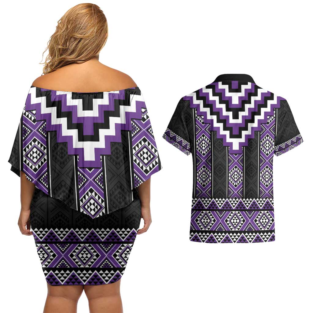 Purple Taniko Pattern Aotearoa Couples Matching Off Shoulder Short Dress and Hawaiian Shirt Niho Taniwha Mix Poutama LT14 - Polynesian Pride