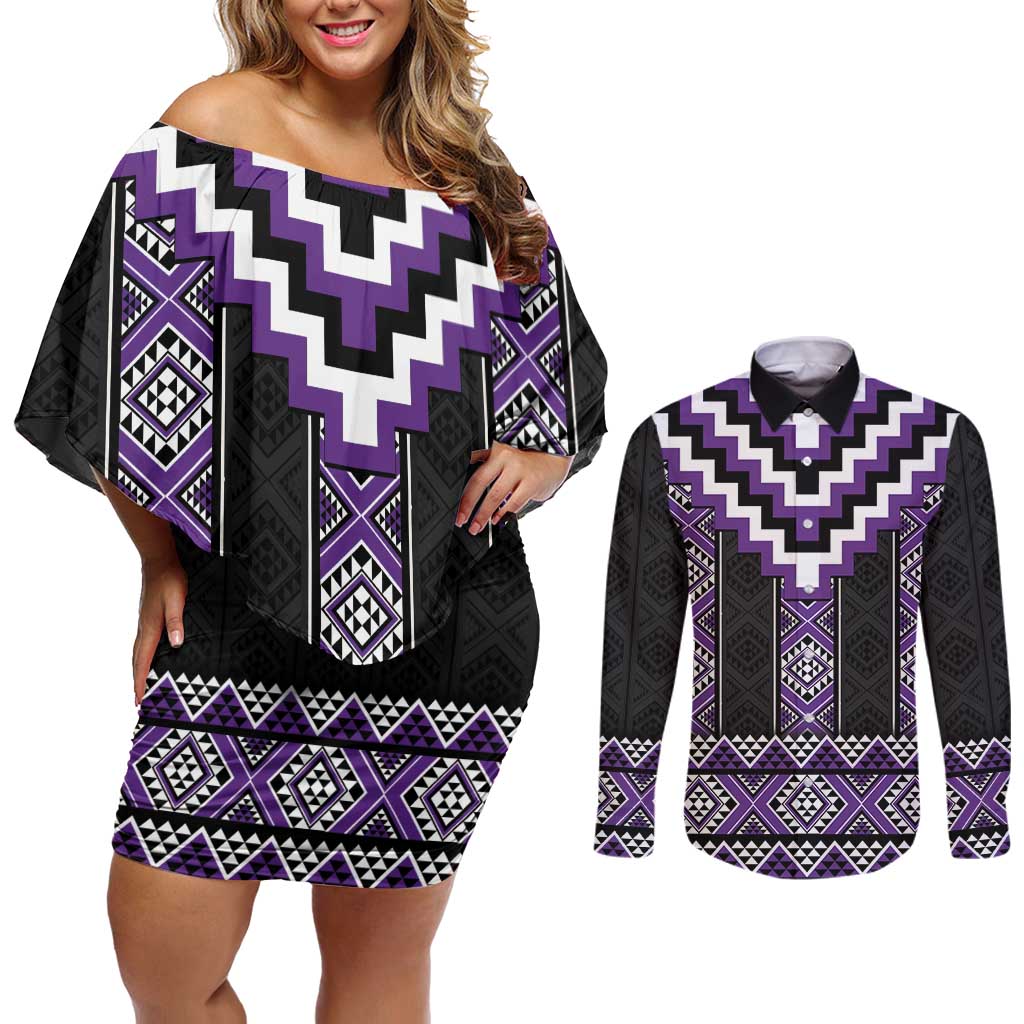 Purple Taniko Pattern Aotearoa Couples Matching Off Shoulder Short Dress and Long Sleeve Button Shirt Niho Taniwha Mix Poutama LT14 Purple - Polynesian Pride