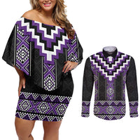 Purple Taniko Pattern Aotearoa Couples Matching Off Shoulder Short Dress and Long Sleeve Button Shirt Niho Taniwha Mix Poutama LT14 Purple - Polynesian Pride
