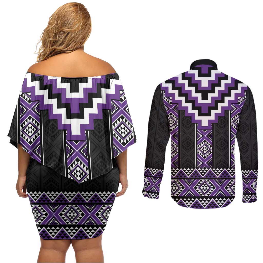Purple Taniko Pattern Aotearoa Couples Matching Off Shoulder Short Dress and Long Sleeve Button Shirt Niho Taniwha Mix Poutama LT14 - Polynesian Pride
