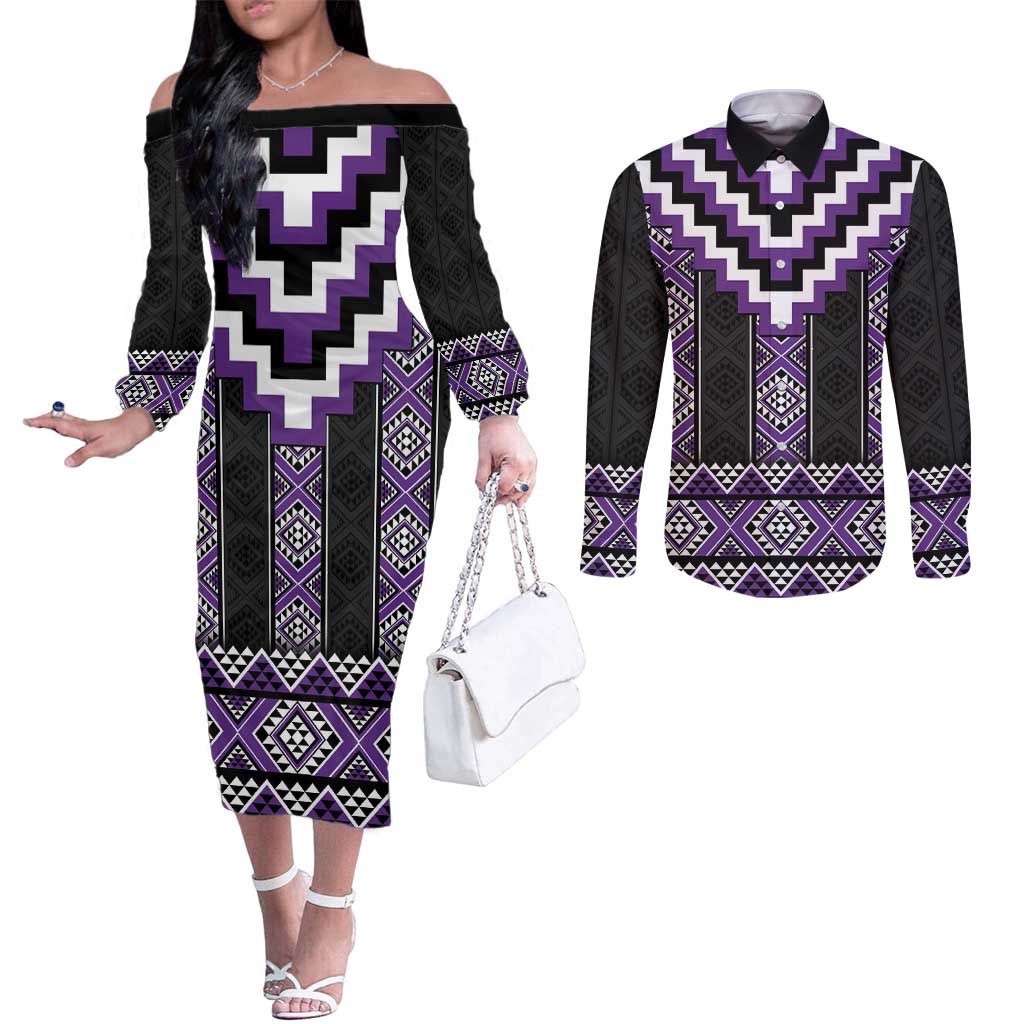 Purple Taniko Pattern Aotearoa Couples Matching Off The Shoulder Long Sleeve Dress and Long Sleeve Button Shirt Niho Taniwha Mix Poutama LT14 Purple - Polynesian Pride