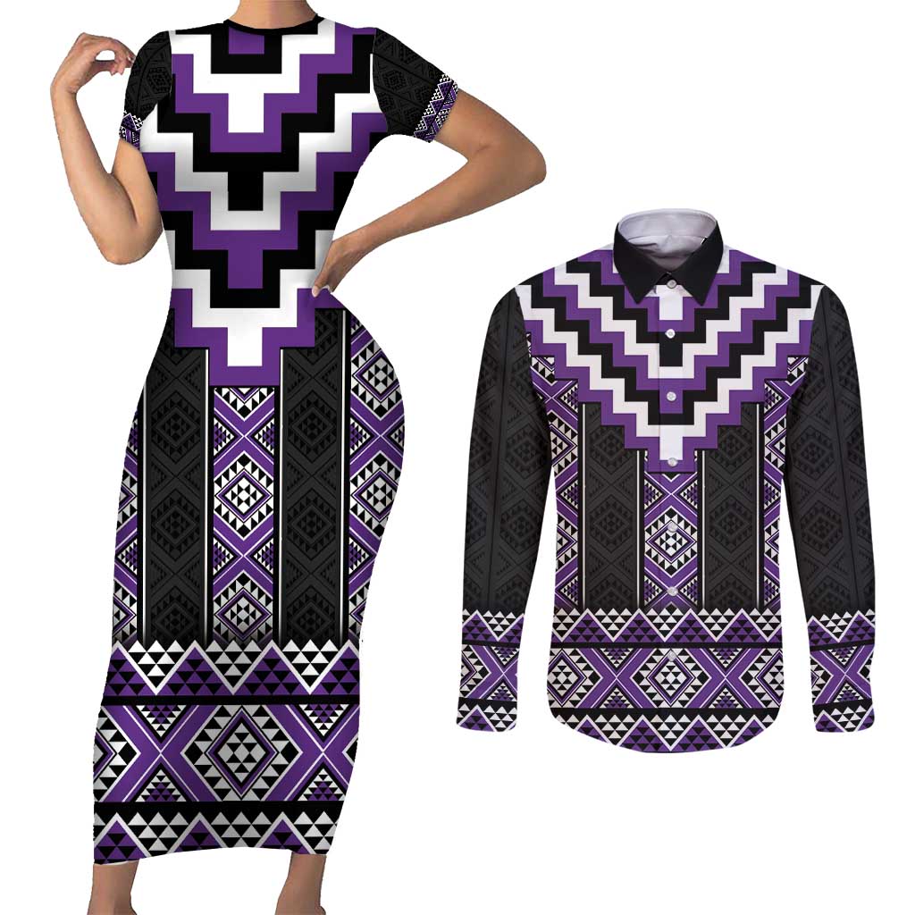 Purple Taniko Pattern Aotearoa Couples Matching Short Sleeve Bodycon Dress and Long Sleeve Button Shirt Niho Taniwha Mix Poutama LT14 Purple - Polynesian Pride