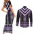 Purple Taniko Pattern Aotearoa Couples Matching Short Sleeve Bodycon Dress and Long Sleeve Button Shirt Niho Taniwha Mix Poutama LT14
