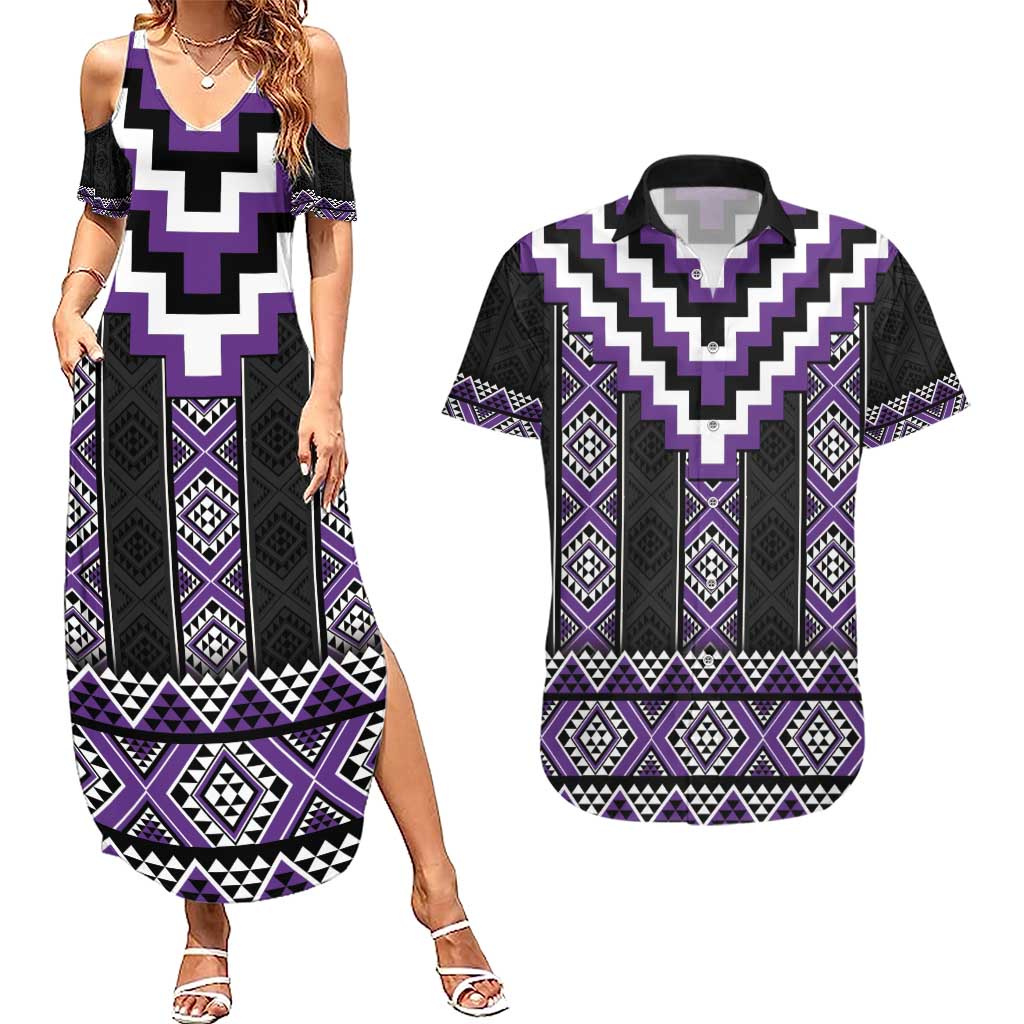 Purple Taniko Pattern Aotearoa Couples Matching Summer Maxi Dress and Hawaiian Shirt Niho Taniwha Mix Poutama LT14 Purple - Polynesian Pride
