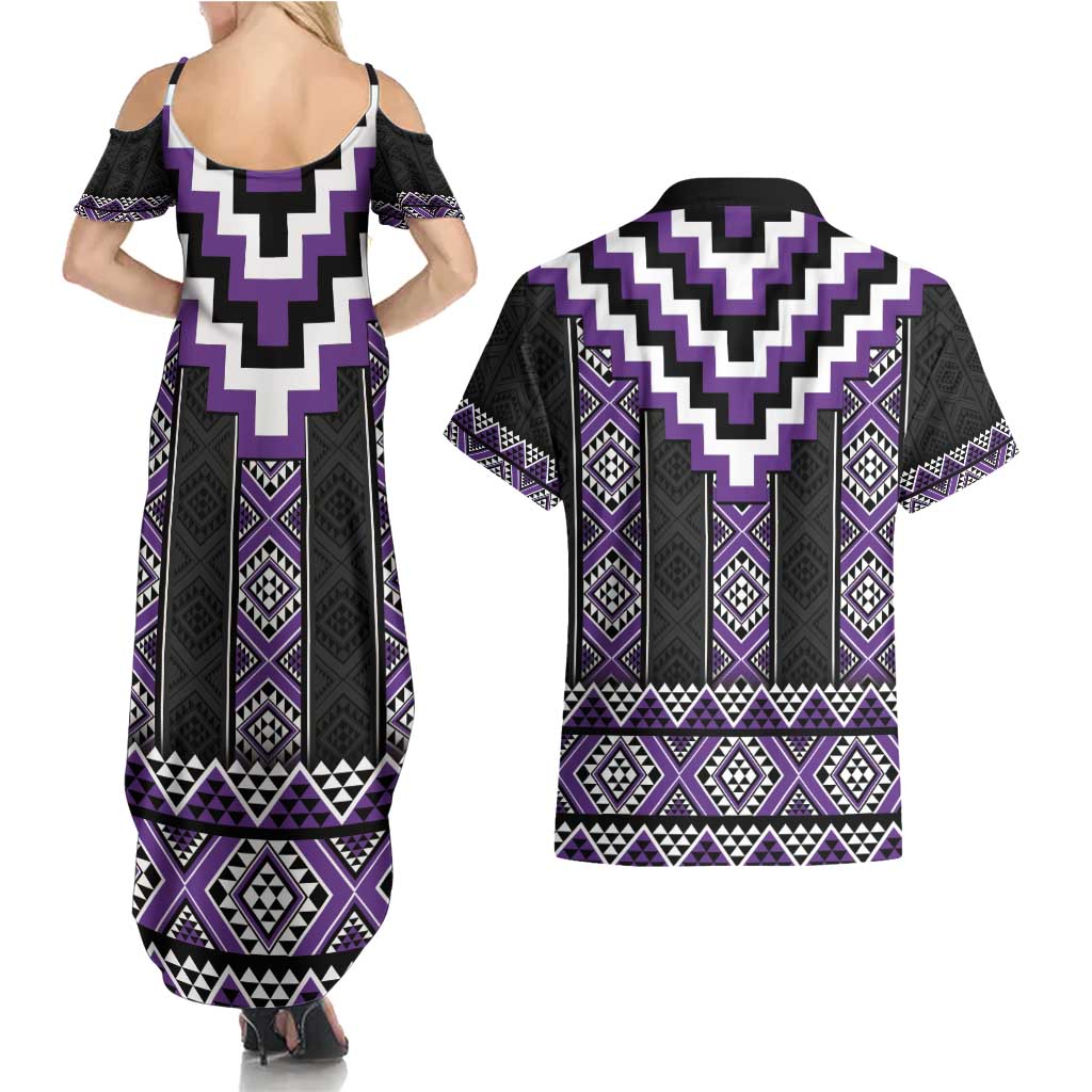 Purple Taniko Pattern Aotearoa Couples Matching Summer Maxi Dress and Hawaiian Shirt Niho Taniwha Mix Poutama LT14 - Polynesian Pride