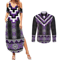 Purple Taniko Pattern Aotearoa Couples Matching Summer Maxi Dress and Long Sleeve Button Shirt Niho Taniwha Mix Poutama LT14 Purple - Polynesian Pride