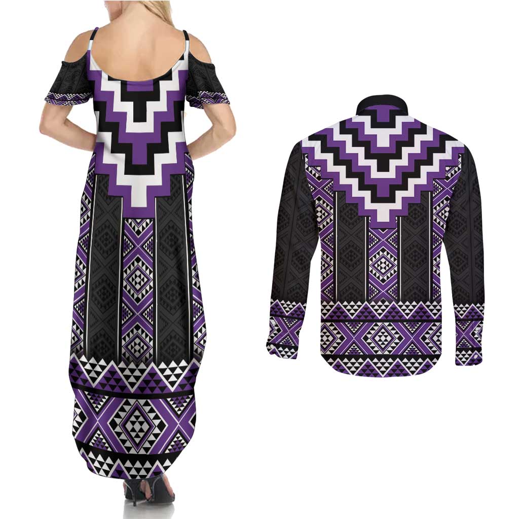 Purple Taniko Pattern Aotearoa Couples Matching Summer Maxi Dress and Long Sleeve Button Shirt Niho Taniwha Mix Poutama LT14 - Polynesian Pride