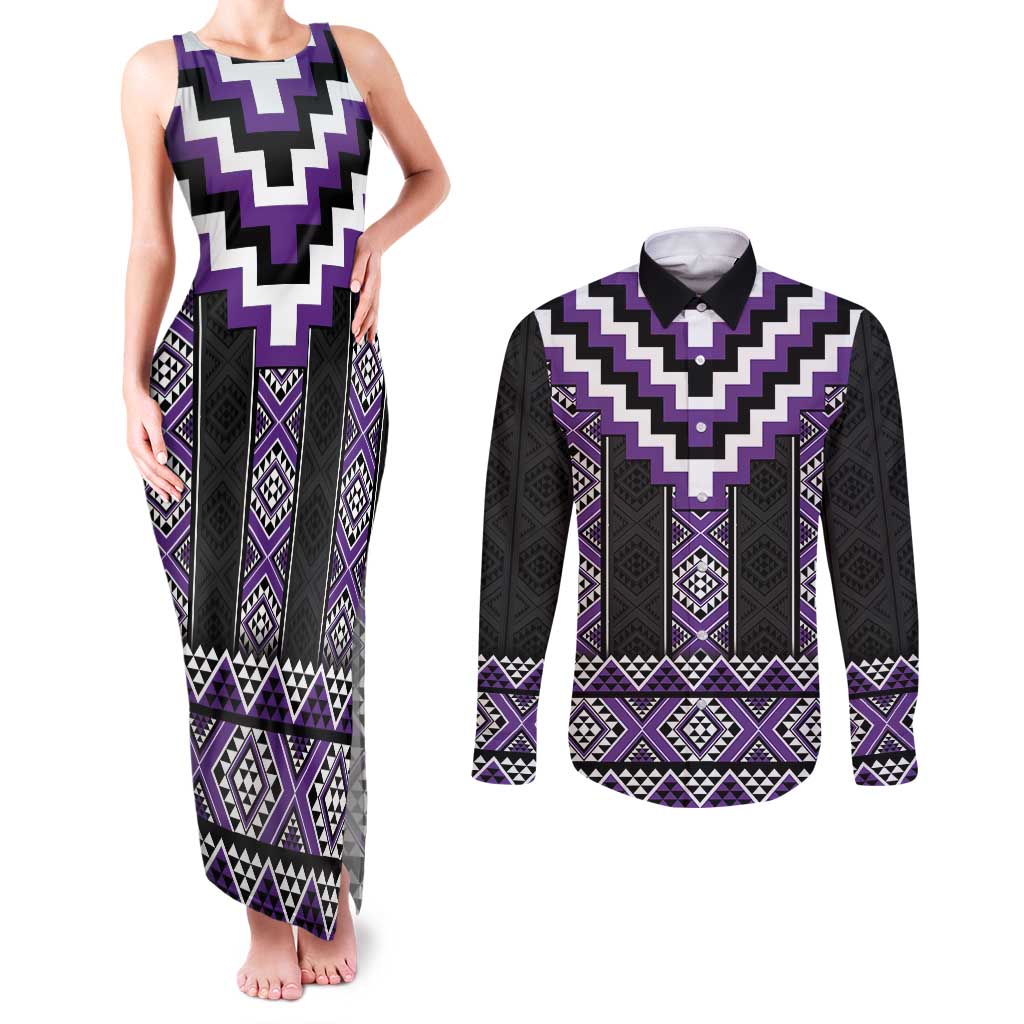 Purple Taniko Pattern Aotearoa Couples Matching Tank Maxi Dress and Long Sleeve Button Shirt Niho Taniwha Mix Poutama LT14 Purple - Polynesian Pride