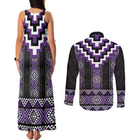 Purple Taniko Pattern Aotearoa Couples Matching Tank Maxi Dress and Long Sleeve Button Shirt Niho Taniwha Mix Poutama LT14 - Polynesian Pride
