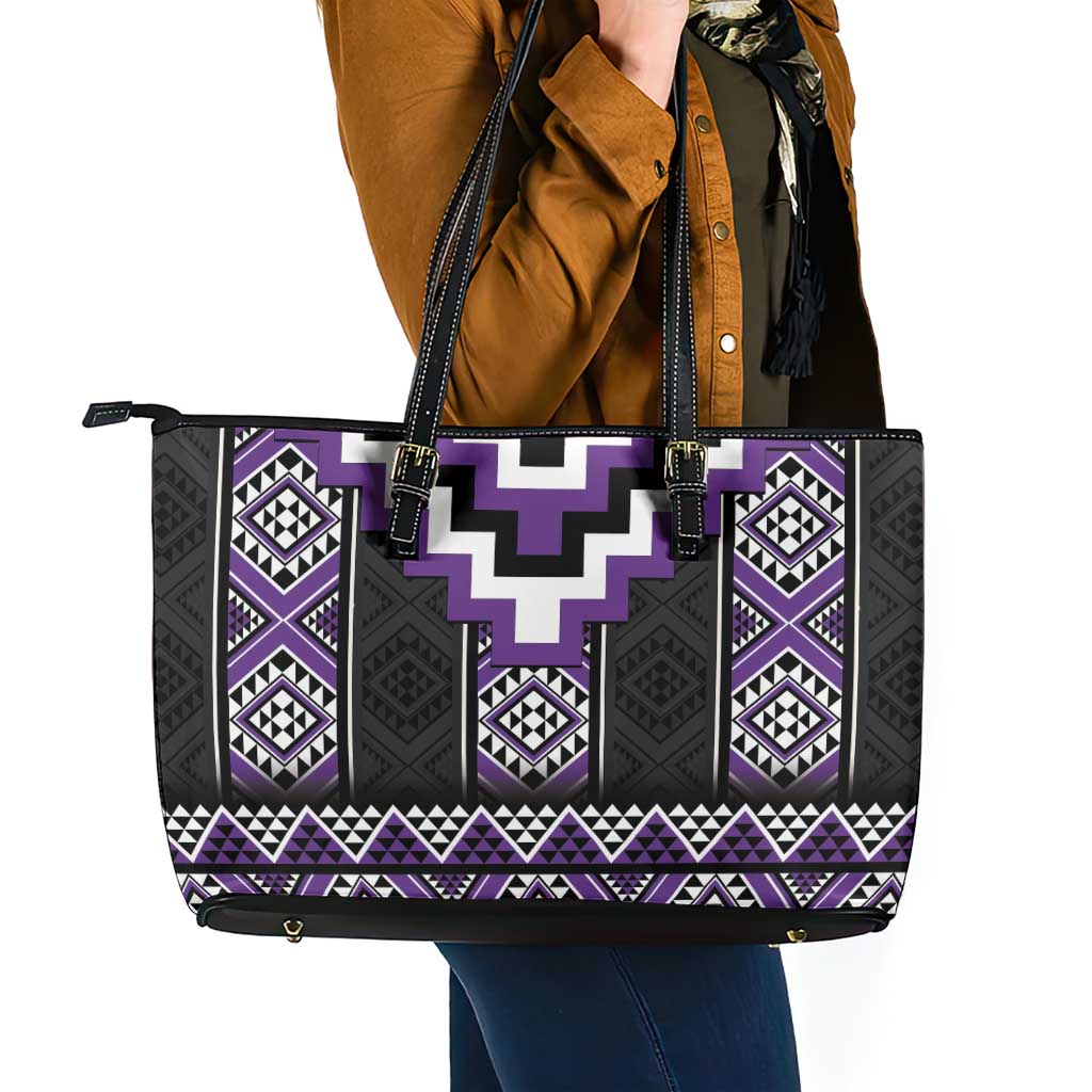 Purple Taniko Pattern Aotearoa Leather Tote Bag Niho Taniwha Mix Poutama LT14 - Polynesian Pride