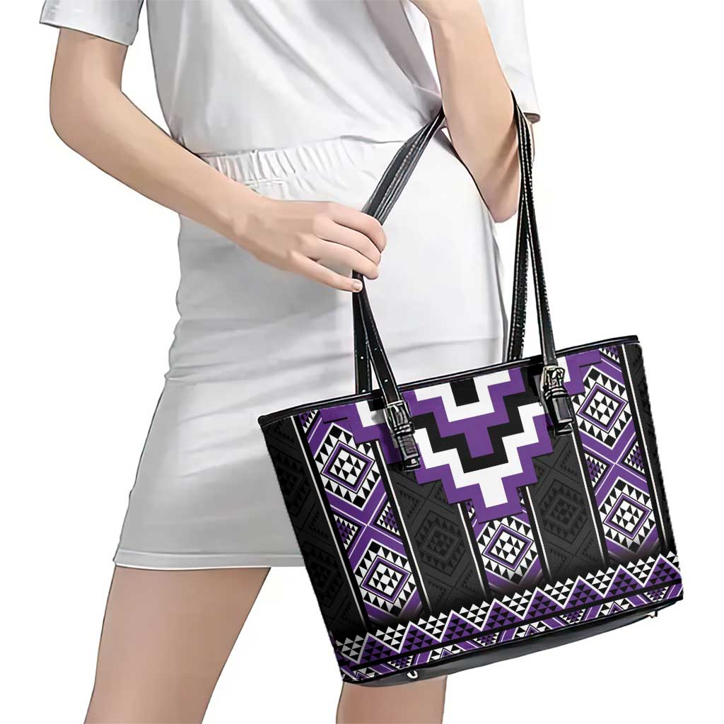 Purple Taniko Pattern Aotearoa Leather Tote Bag Niho Taniwha Mix Poutama LT14 - Polynesian Pride