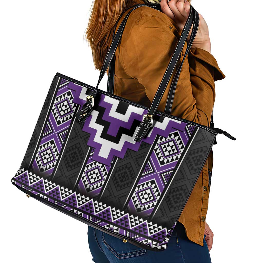 Purple Taniko Pattern Aotearoa Leather Tote Bag Niho Taniwha Mix Poutama LT14 - Polynesian Pride