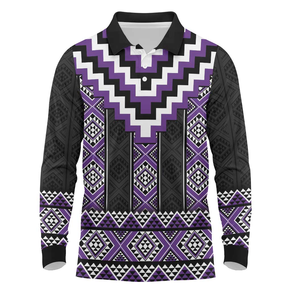 Purple Taniko Pattern Aotearoa Long Sleeve Polo Shirt Niho Taniwha Mix Poutama LT14 Purple - Polynesian Pride