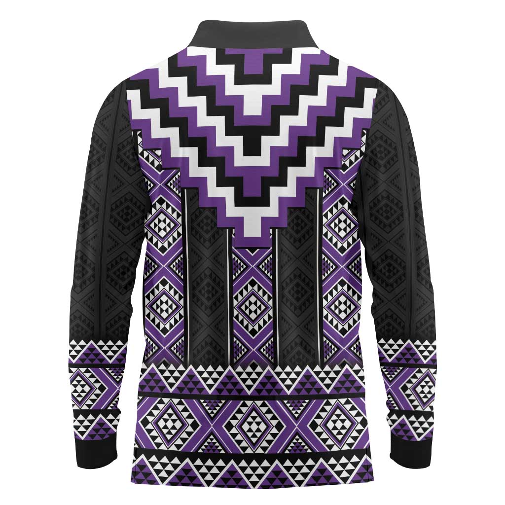 Purple Taniko Pattern Aotearoa Long Sleeve Polo Shirt Niho Taniwha Mix Poutama LT14 - Polynesian Pride