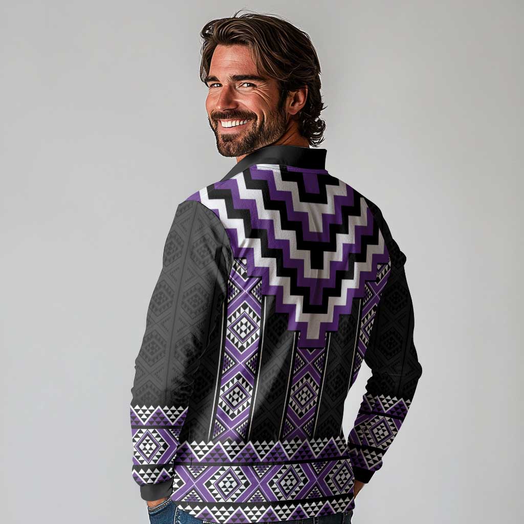 Purple Taniko Pattern Aotearoa Long Sleeve Polo Shirt Niho Taniwha Mix Poutama LT14 - Polynesian Pride