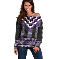 Purple Taniko Pattern Aotearoa Off Shoulder Sweater Niho Taniwha Mix Poutama LT14