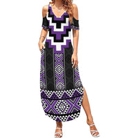 Purple Taniko Pattern Aotearoa Summer Maxi Dress Niho Taniwha Mix Poutama LT14