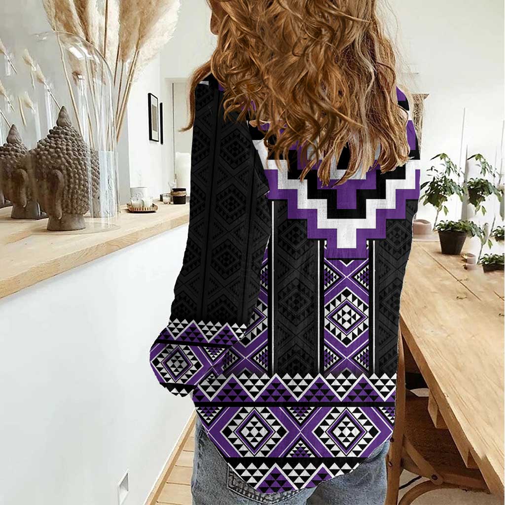 Purple Taniko Pattern Aotearoa Women Casual Shirt Niho Taniwha Mix Poutama LT14