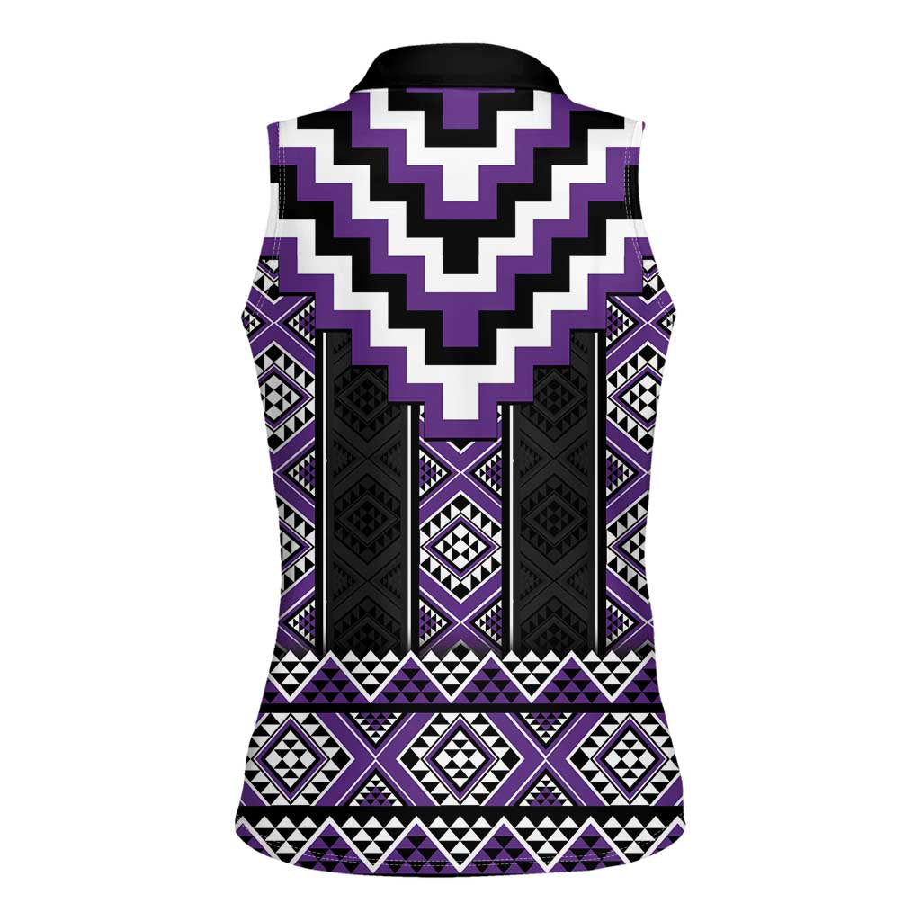 Purple Taniko Pattern Aotearoa Women Sleeveless Polo Shirt Niho Taniwha Mix Poutama LT14 - Polynesian Pride