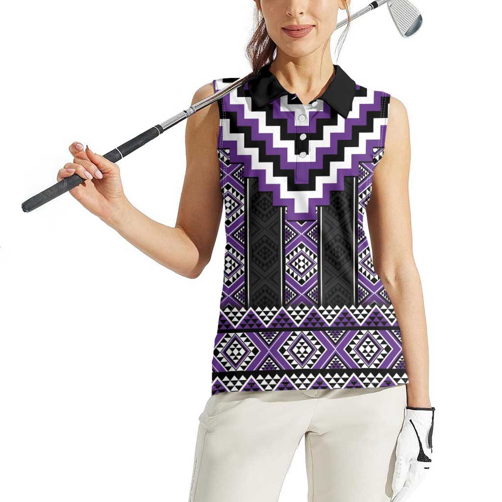 Purple Taniko Pattern Aotearoa Women Sleeveless Polo Shirt Niho Taniwha Mix Poutama LT14 - Polynesian Pride