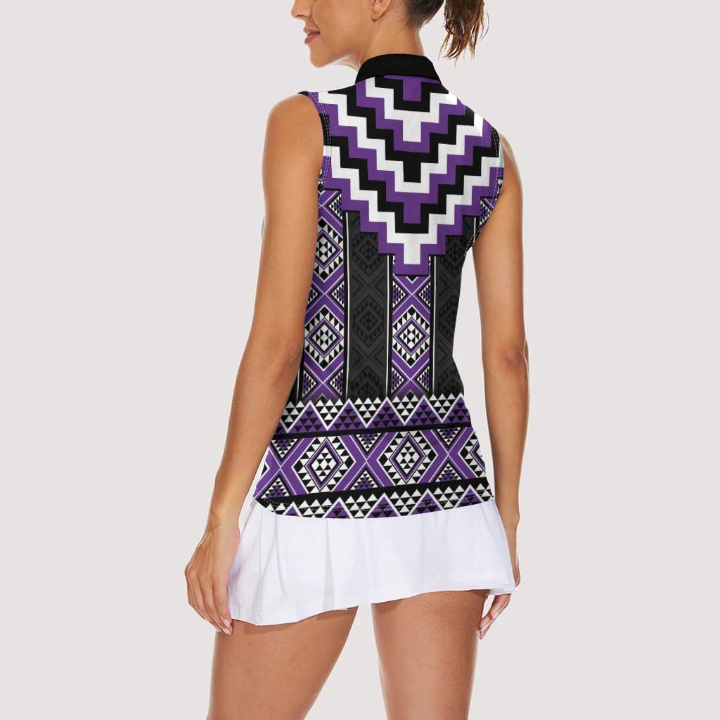 Purple Taniko Pattern Aotearoa Women Sleeveless Polo Shirt Niho Taniwha Mix Poutama LT14 - Polynesian Pride