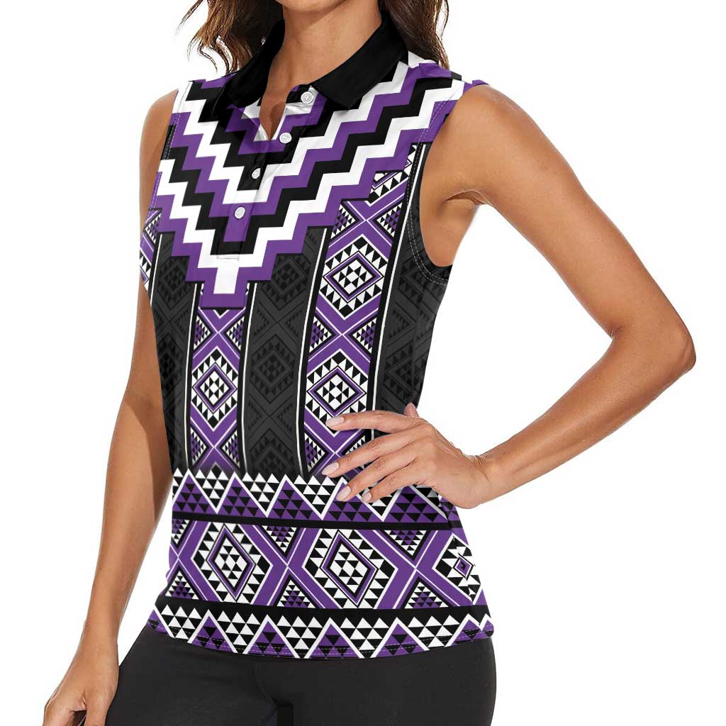 Purple Taniko Pattern Aotearoa Women Sleeveless Polo Shirt Niho Taniwha Mix Poutama LT14 - Polynesian Pride