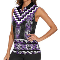 Purple Taniko Pattern Aotearoa Women Sleeveless Polo Shirt Niho Taniwha Mix Poutama LT14 - Polynesian Pride