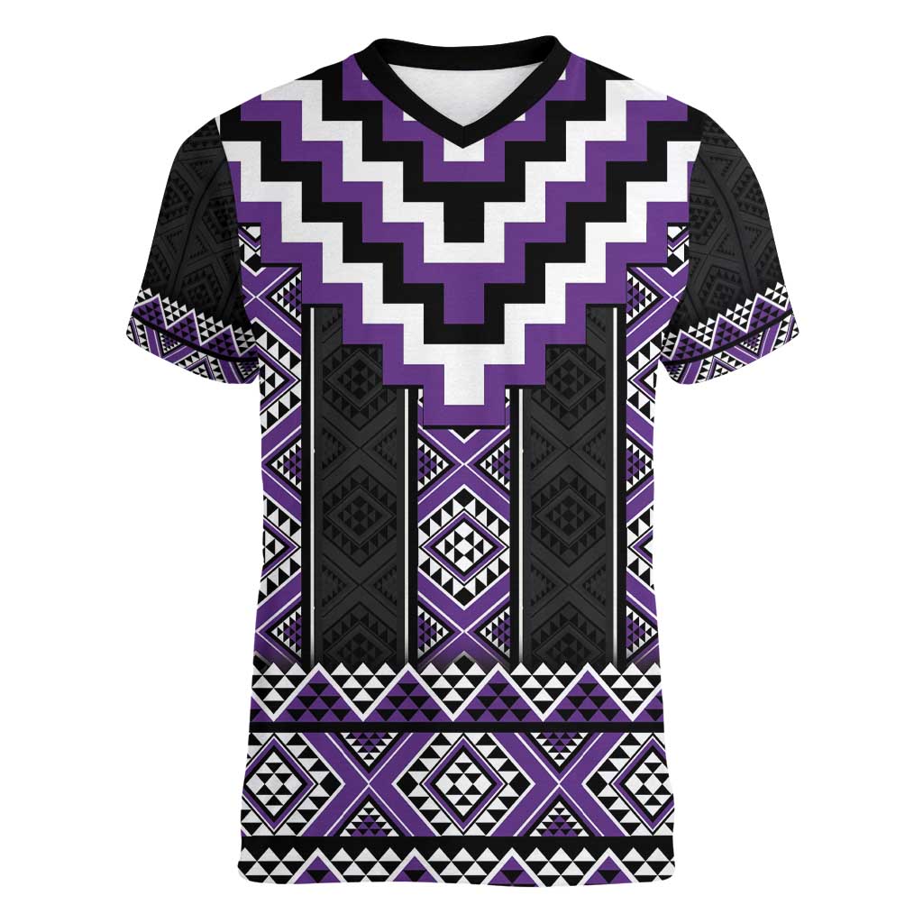 Purple Taniko Pattern Aotearoa Women V-Neck T-Shirt Niho Taniwha Mix Poutama LT14 Female Purple - Polynesian Pride