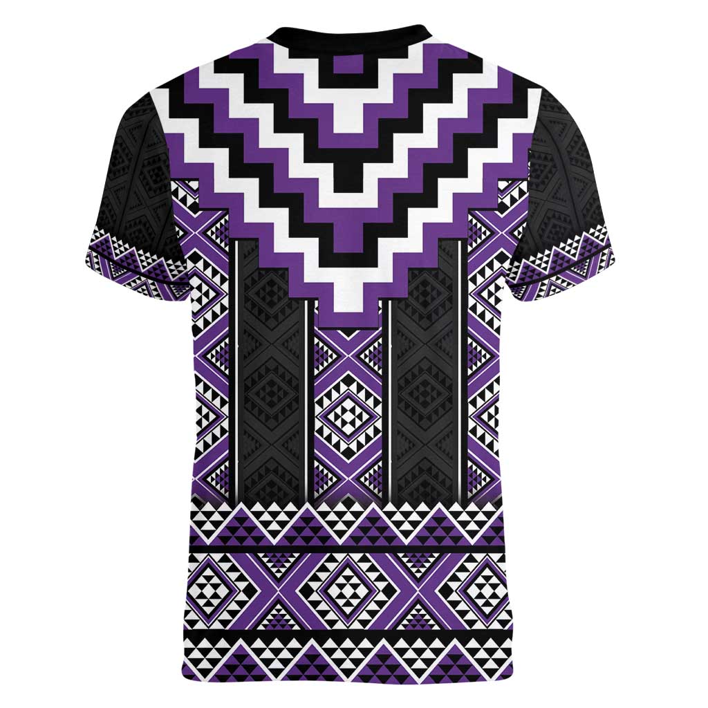 Purple Taniko Pattern Aotearoa Women V-Neck T-Shirt Niho Taniwha Mix Poutama LT14 - Polynesian Pride