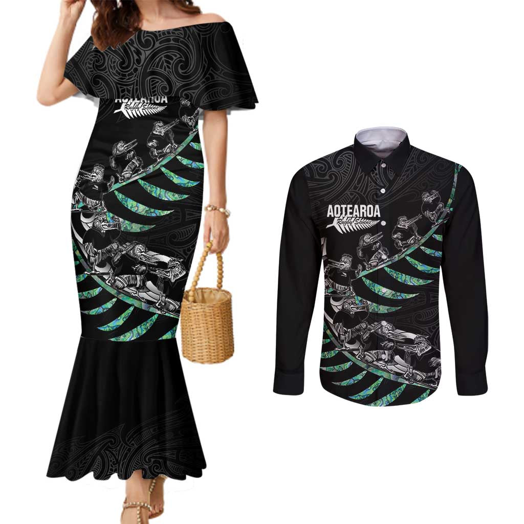Custom New Zealand Silver Fern Rugby Couples Matching Mermaid Dress and Long Sleeve Button Shirt Aotearoa Kiwi Maori Pattern LT14 Black - Polynesian Pride