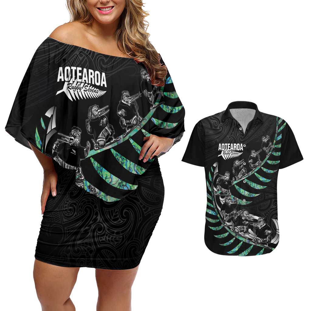 Custom New Zealand Silver Fern Rugby Couples Matching Off Shoulder Short Dress and Hawaiian Shirt Aotearoa Kiwi Maori Pattern LT14 Black - Polynesian Pride
