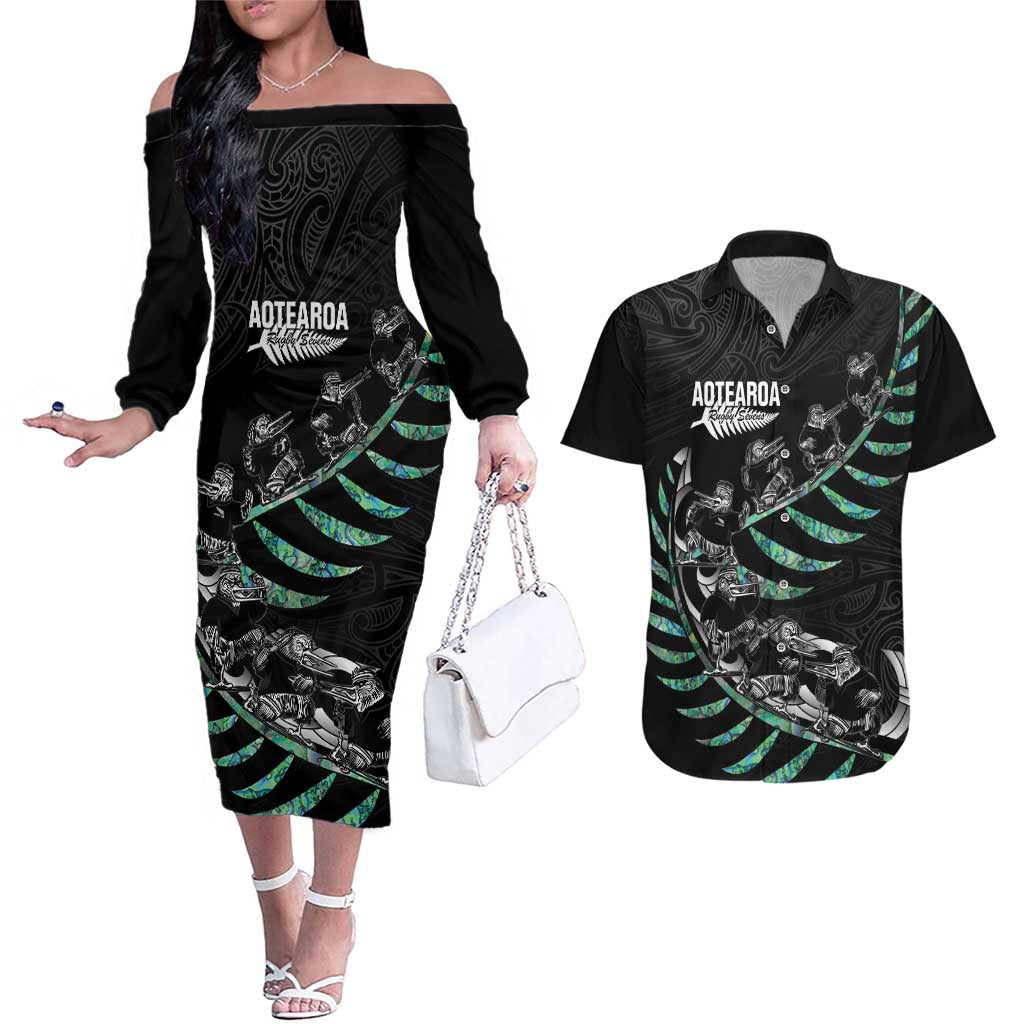 Custom New Zealand Silver Fern Rugby Couples Matching Off The Shoulder Long Sleeve Dress and Hawaiian Shirt Aotearoa Kiwi Maori Pattern LT14 Black - Polynesian Pride