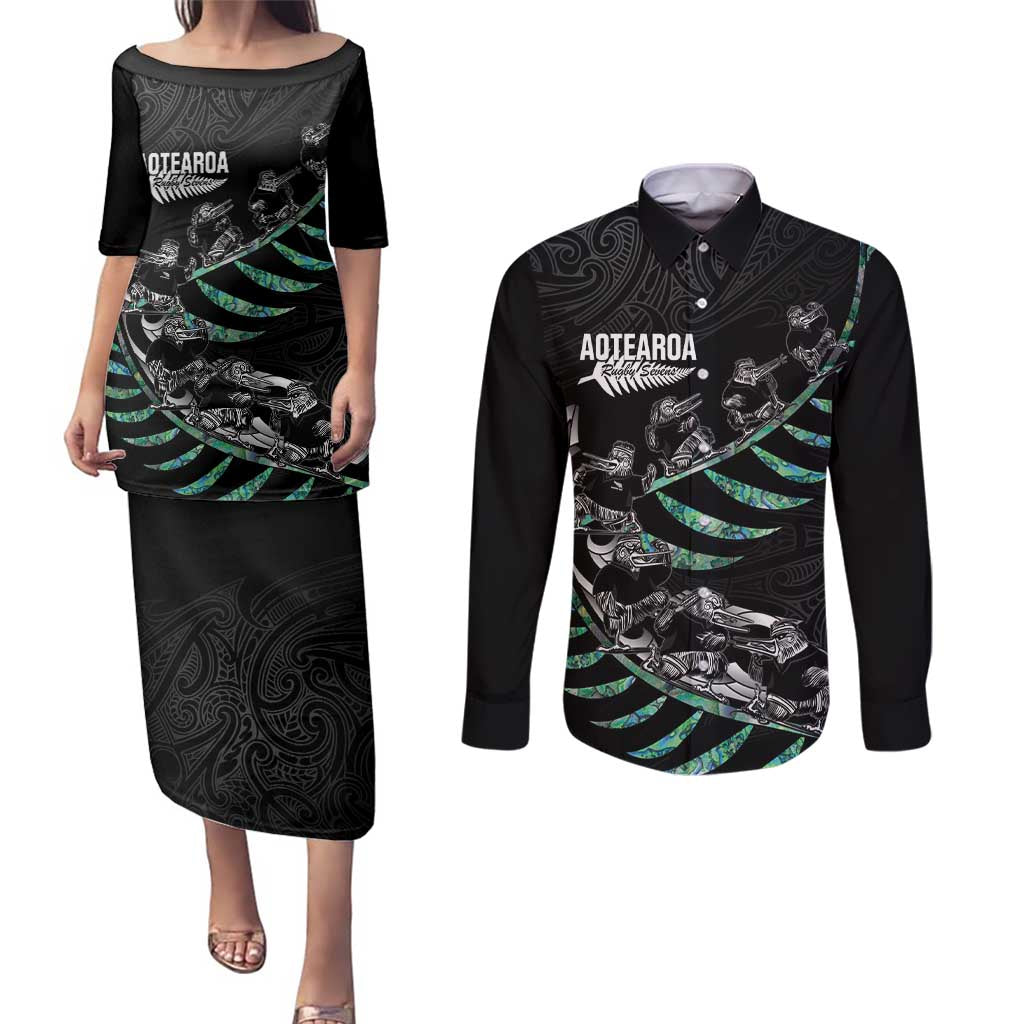 Custom New Zealand Silver Fern Rugby Couples Matching Puletasi and Long Sleeve Button Shirt Aotearoa Kiwi Maori Pattern LT14 Black - Polynesian Pride